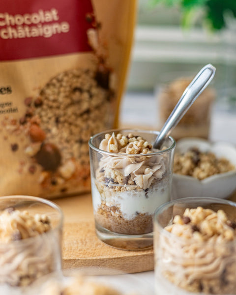 Verrines au Muesli Chocolat & Châtaigne et chantilly à la crème de marrons