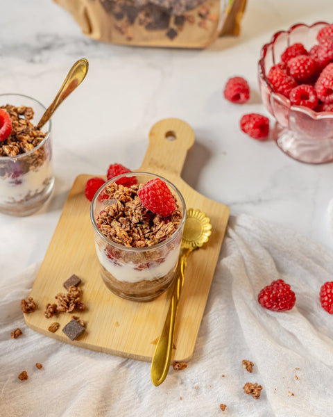 Verrines au Muesli Croustillant Duo de Chocolats et framboises