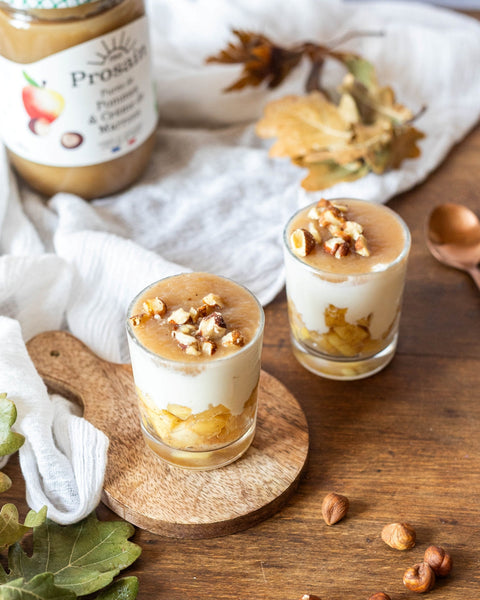Verrines pommes rôties, yaourt et purée pomme–crème de marrons