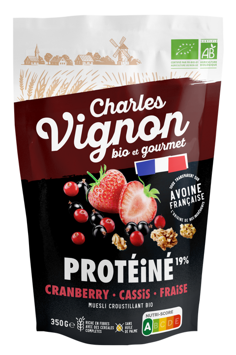 Muesli Bio Croustillant protéiné – cranberry cassis fraise